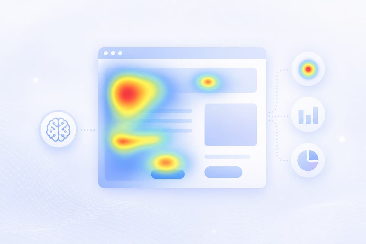AIがWebページのヒートマップを読み取り、注目の集まる箇所を色で示して、グラフや円グラフの分析につなげる様子の図